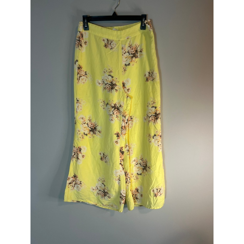 Feather Bone Anthropologie Yellow Floral Wide Leg Linen Blend Pants 6P Petite